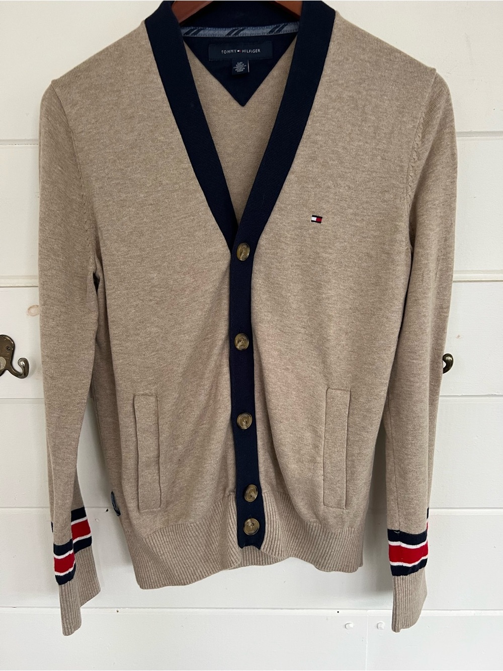 Tommy Hilfiger Beige Stripe Trim Knit Cardigan Sweater. Size S. 100% cotton
